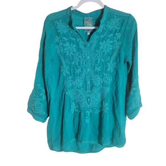 Johnny Was Jeta Blouse Popover Women's Size Small Teal Embroidered NEW FLAW READ - Picture 1 of 10